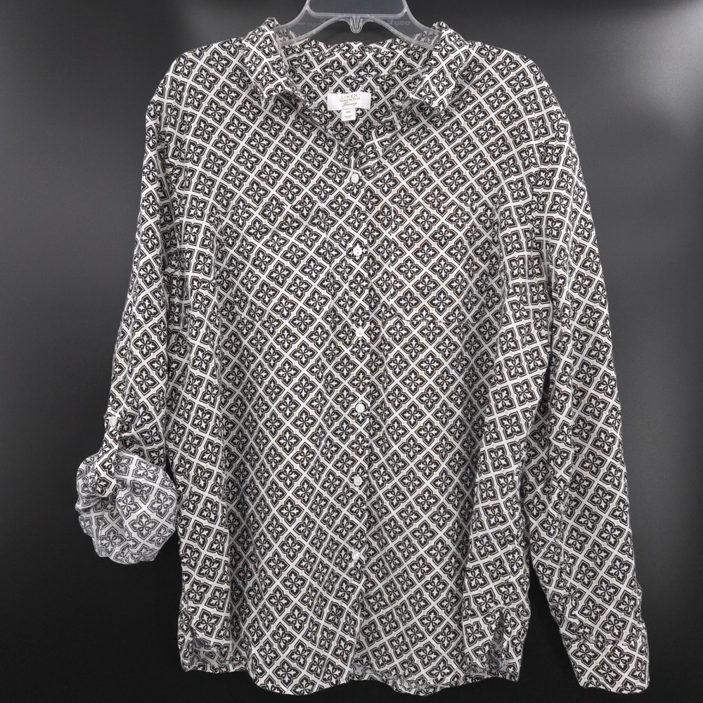 Charter Club Linen Button Down Shirt Womens XXL‎ Black Tan Geometric Roll Tab